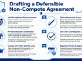 Infographic on drafting a defensible non-compete agreement, detailing 6 key steps: identify interests, define scope, provide consideration, use clear language, comply with laws, and review/update.