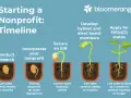 Timeline for starting a nonprofit: research, incorporate, secure EIN, develop bylaws, apply for 501(c)(3) status. Each step is illustrated as a growing seedling.