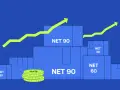 Blue boxes labeled "NET 90", "NET 60", and "NET 30" are stacked, with coins and upward trending arrows suggesting financial growth.