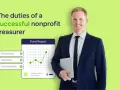 A smiling man in a suit holds a tablet, with a fund report graphic showing growth. He embodies the duties of a successful nonprofit treasurer.