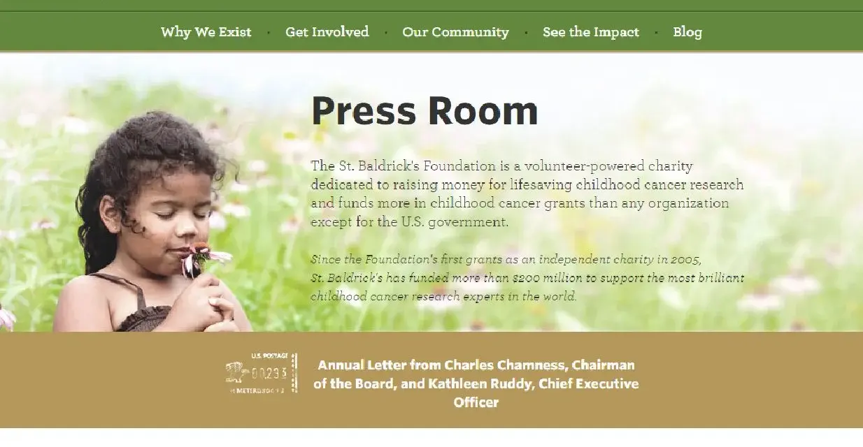 St. Baldrick's Foundation press release page features a child smelling a flower.