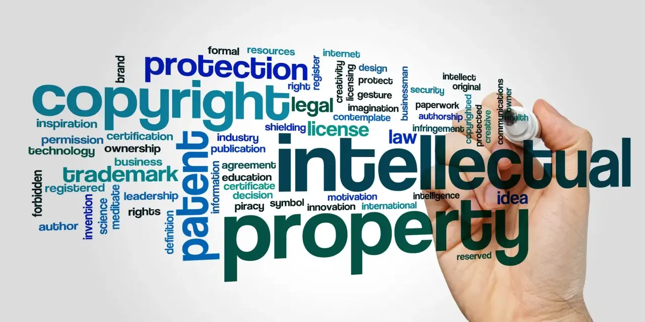 A word cloud illustrates concepts like "copyright," "intellectual property," and "protection," hinting at the complexities of copyright litigation.