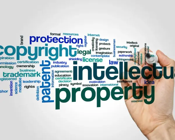 A word cloud illustrates concepts like "copyright," "intellectual property," and "protection," hinting at the complexities of copyright litigation.