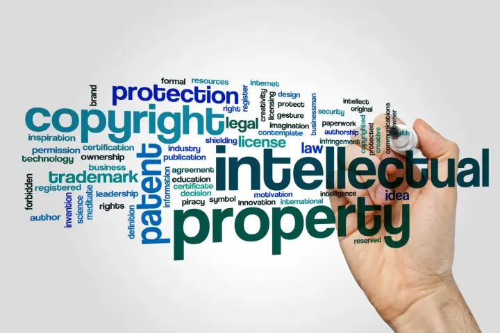 A word cloud illustrates concepts like "copyright," "intellectual property," and "protection," hinting at the complexities of copyright litigation.