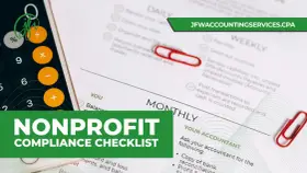A calculator and a checklist for nonprofit compliance, featuring daily, weekly, and monthly tasks.