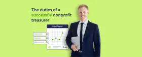 A smiling man in a suit holds a tablet, with a fund report graphic showing growth. He embodies the duties of a successful nonprofit treasurer.