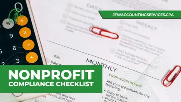 A calculator and a checklist for nonprofit compliance, featuring daily, weekly, and monthly tasks.