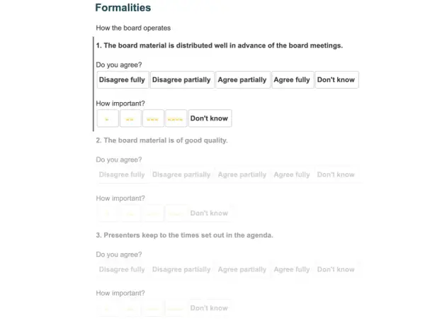 Board survey questions about meeting formalities, including distribution of materials, quality, and presenter punctuality.