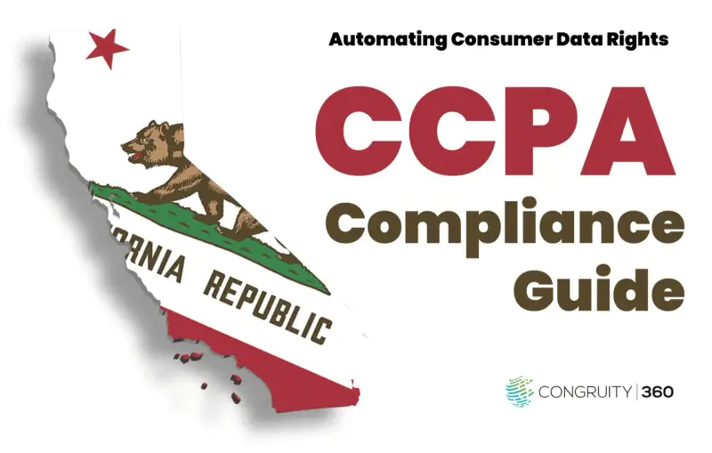 California map with bear, "Automating Consumer Data Rights CCPA Compliance Guide" text. Learn the CCPA meaning and how to comply.