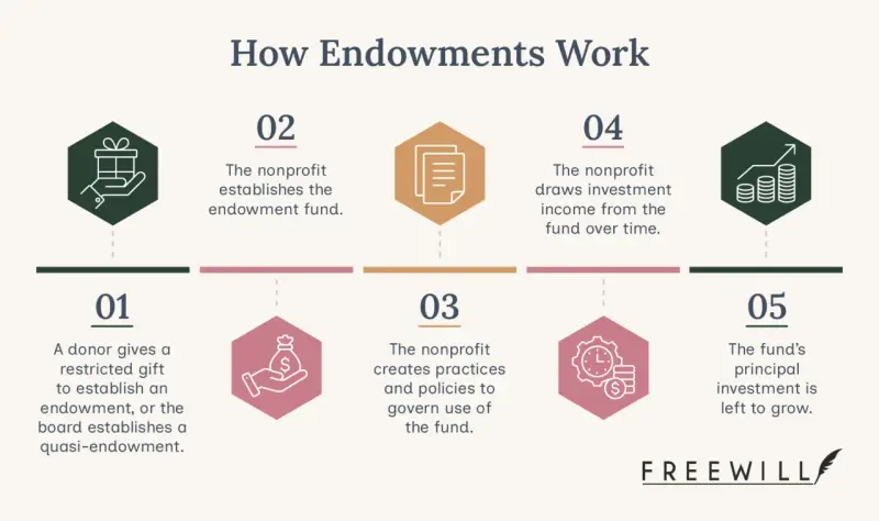 Infographic showing how a foundation endowment works: donor gift, fund establishment, policy creation, income draw, and principal growth.