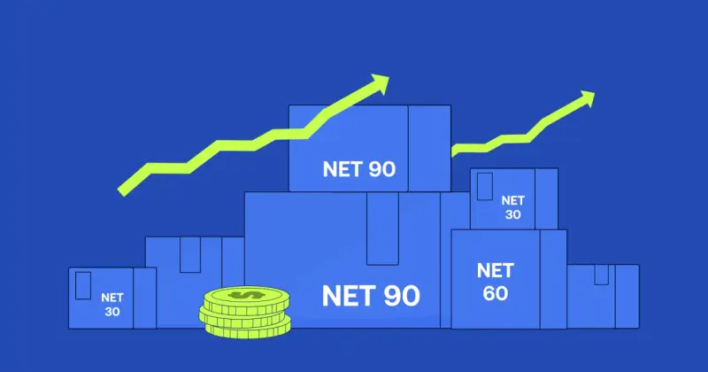 Blue boxes labeled "NET 90", "NET 60", and "NET 30" are stacked, with coins and upward trending arrows suggesting financial growth.